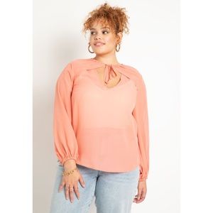 Eloquii Neckline Tie Detail Chiffon Blouse Long Sleeve Sheer Top Cutout Coral